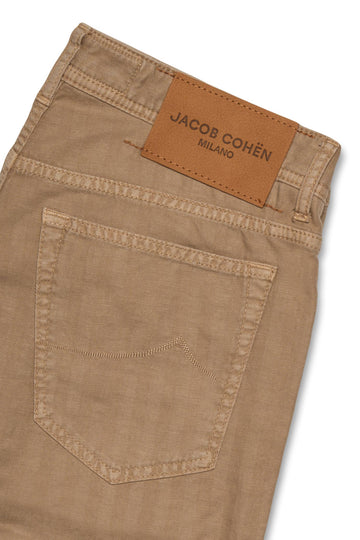 JACOB COHEN Taupe Cotton & Linen Herringbone Trousers