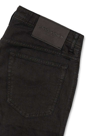 JACOB COHEN Black Cotton & Linen Herringbone Trousers