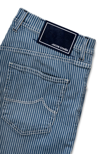 JACOB COHEN Blue & White Striped Denim Shorts