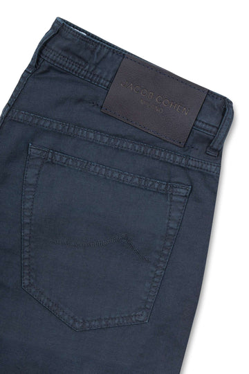 JACOB COHEN Navy Cotton & Linen Herringbone Trousers