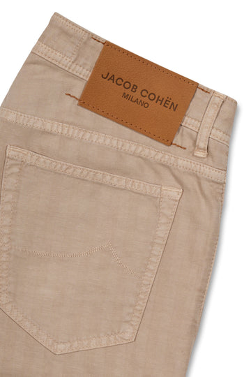 JACOB COHEN Beige Cotton & Linen Herringbone Trousers