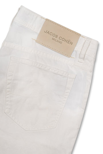 JACOB COHEN White Cotton & Linen Herringbone Trousers