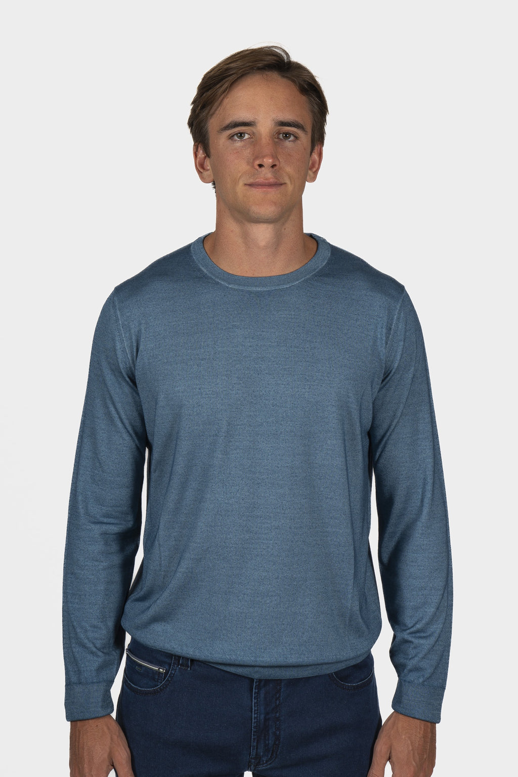 CANALI | Washed Wool-Silk Crew Neck Knit | Mid-Blue