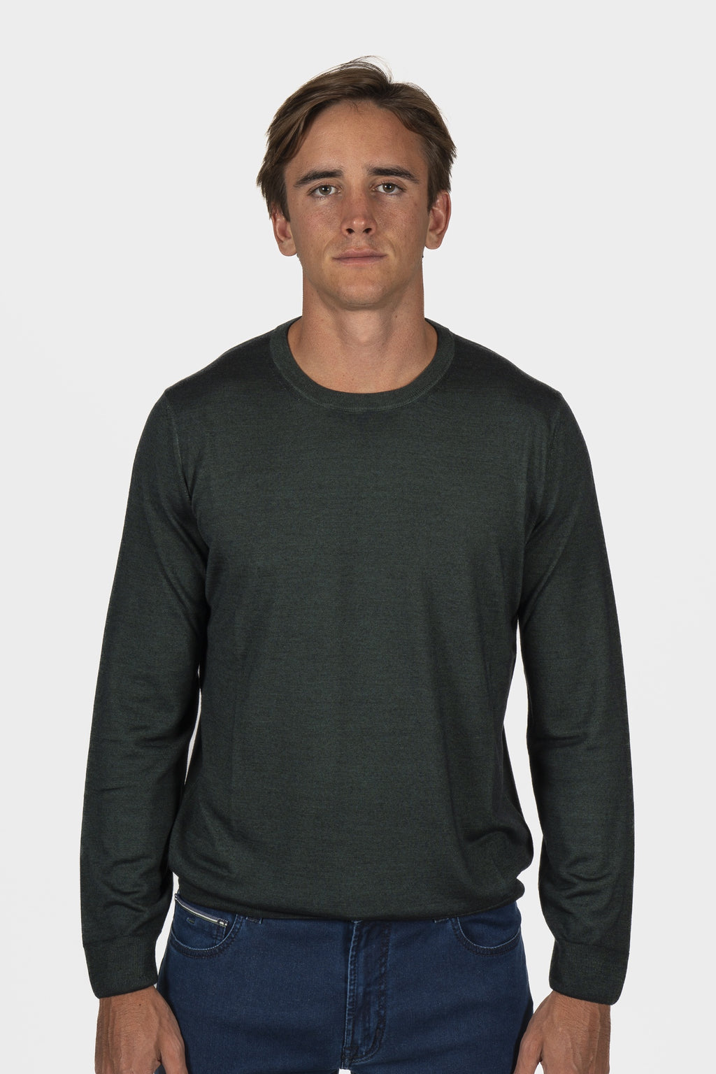 CANALI | Washed Wool-Silk Crew Neck Knit | Dark Green