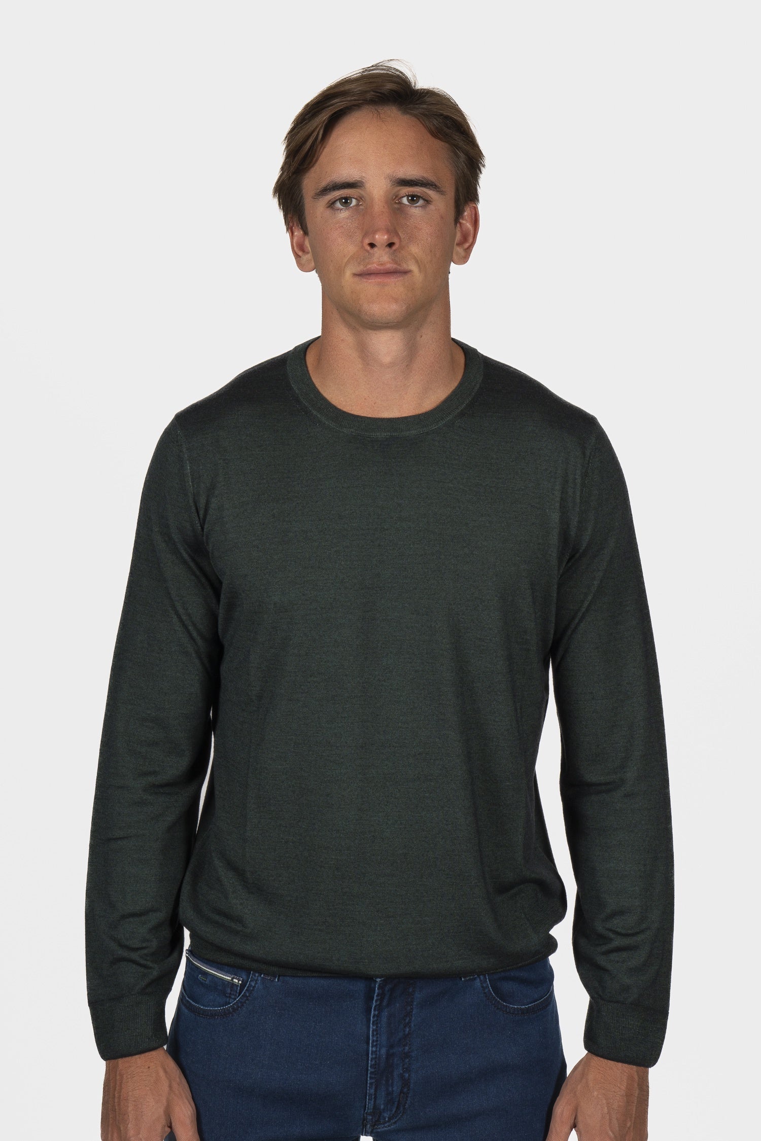 CANALI | Washed Wool-Silk Crew Neck Knit | Dark Green
