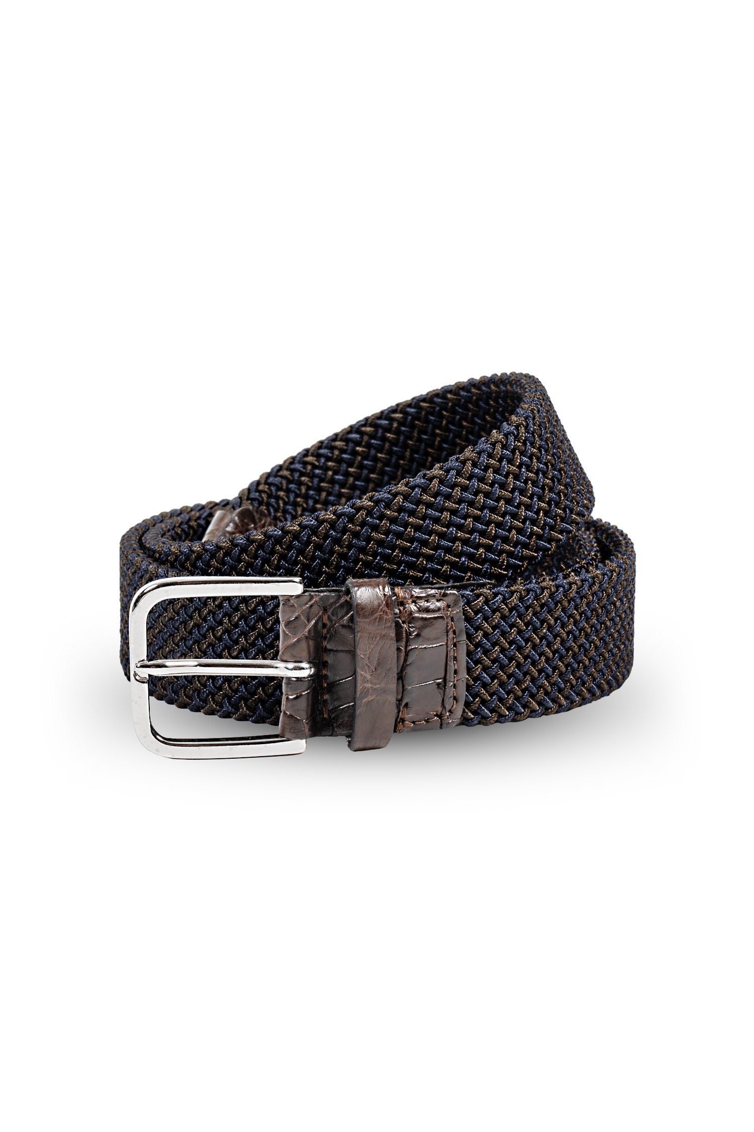 MITCHELL OGILVIE | Plaited Elasticated Belt Croc Trims | Navy & Choc