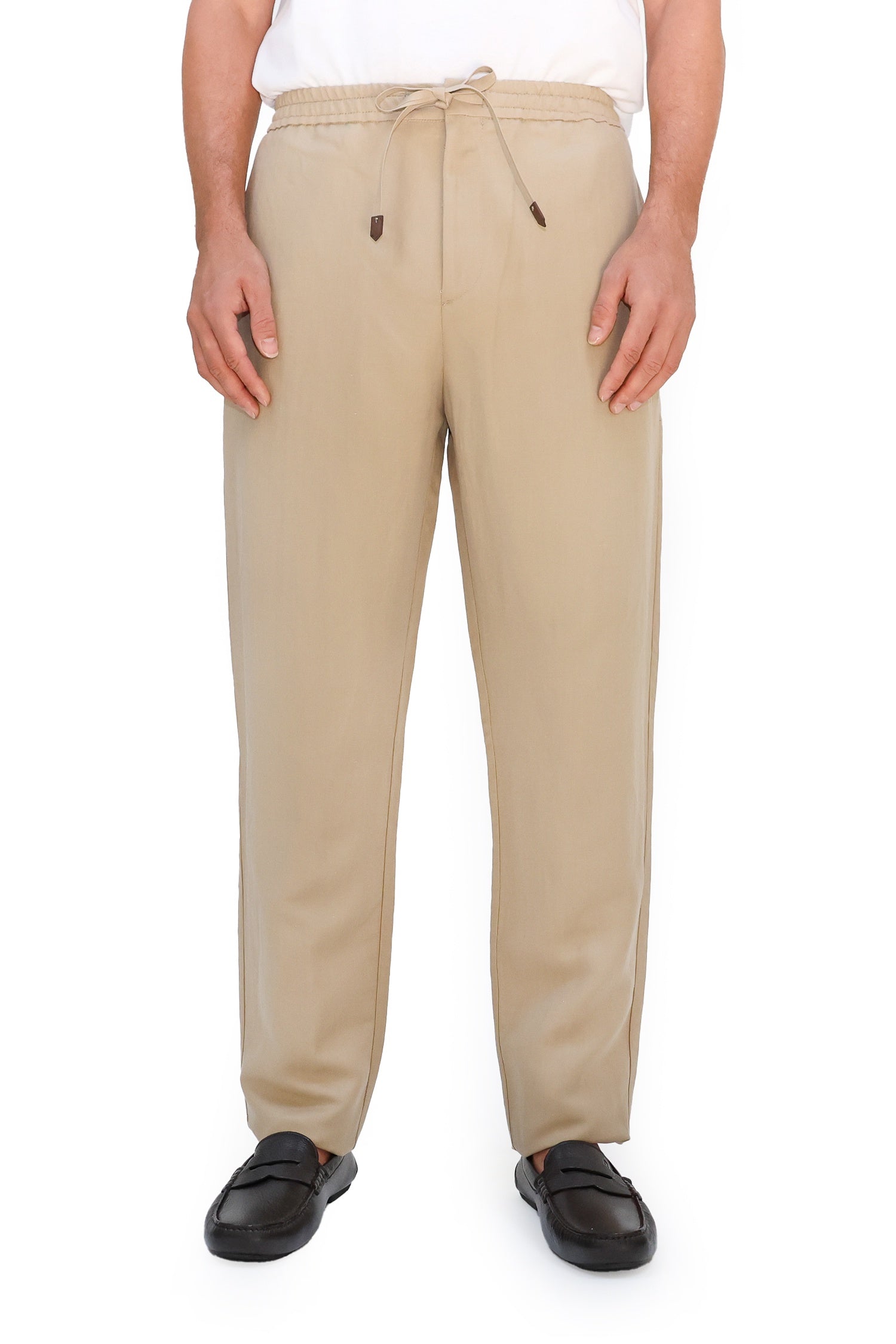 CANALI | Linen & Silk Drawstring Trousers | Taupe