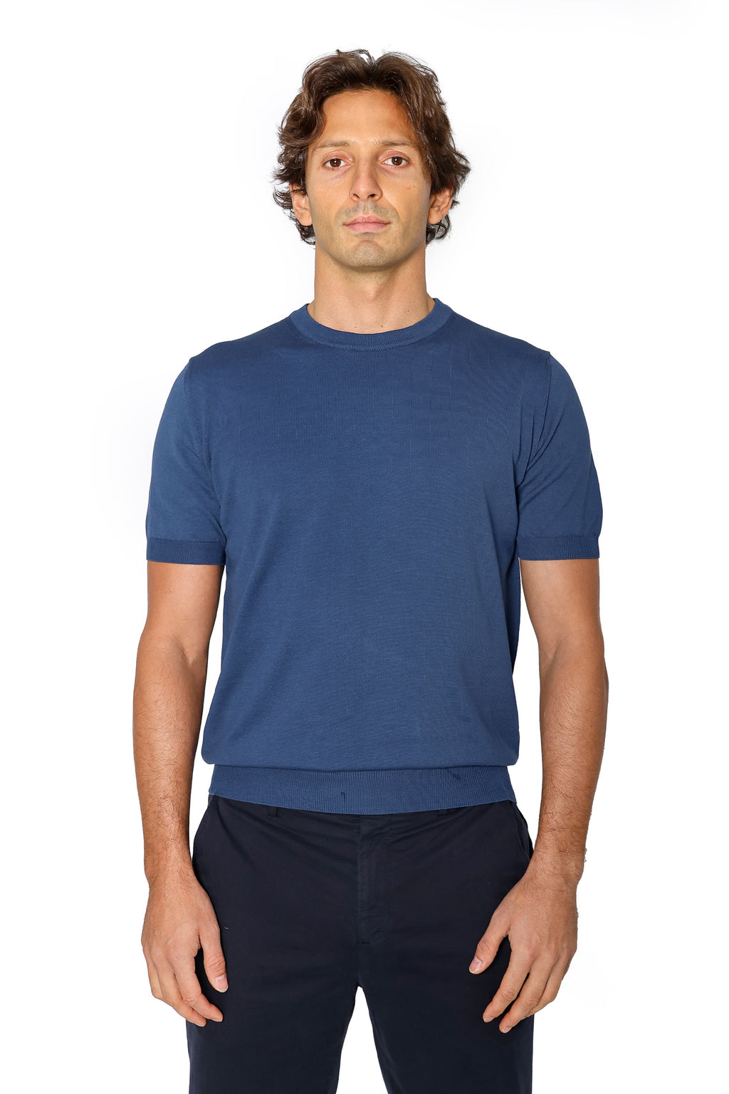 CANALI | Knitted Crew Neck Cotton T-shirt | Blue