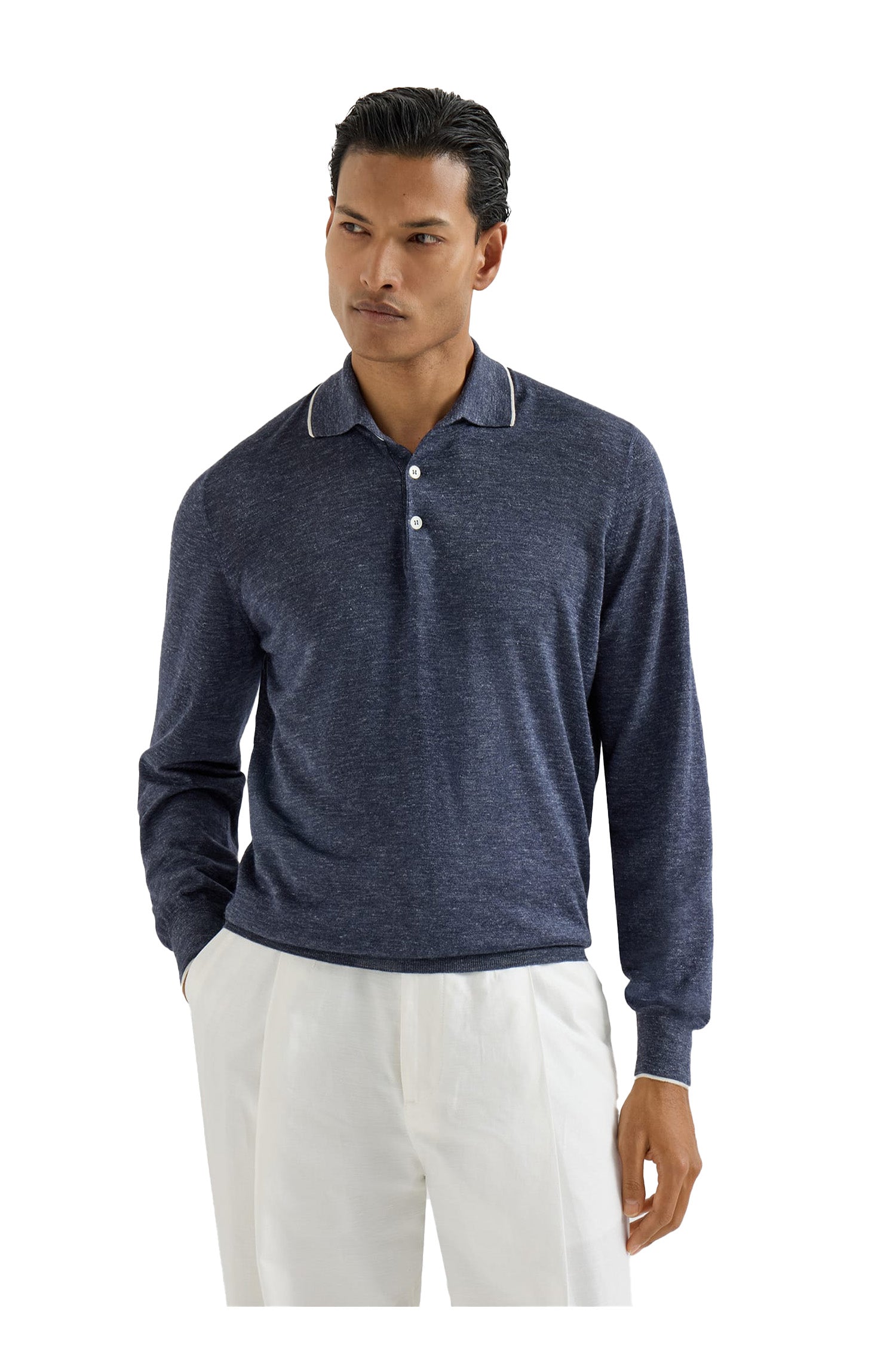 BRUNELLO CUCINELLI | Knit Polo With Trim | Dark Blue Melange