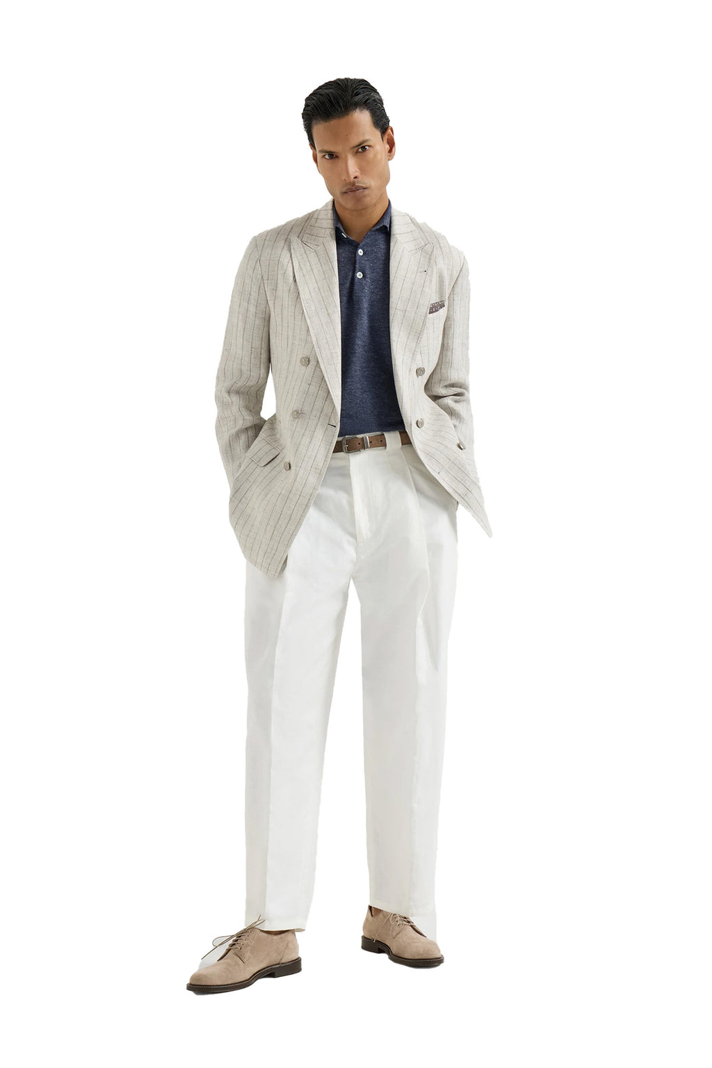 BRUNELLO CUCINELLI | Knit Polo With Trim | Dark Blue Melange