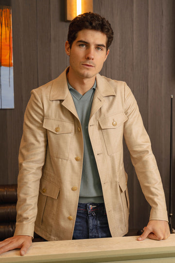 CANALI Sand Herringbone Safari Jacket