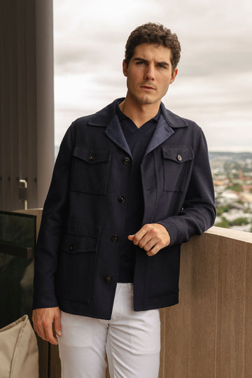 CANALI Navy Wool Safari Coat