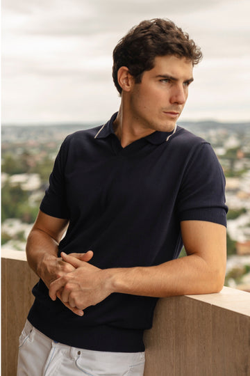 CANALI Navy V-Neck Polo With Trim