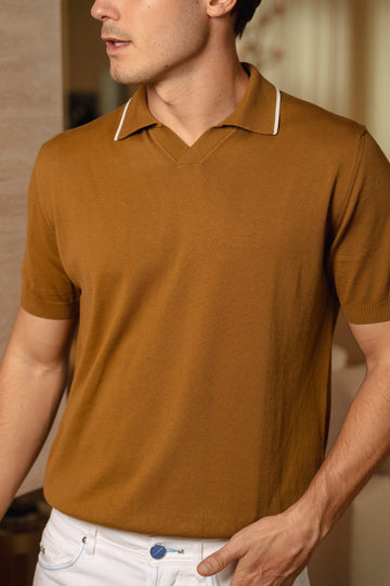CANALI Tan V-Neck Polo With Trim