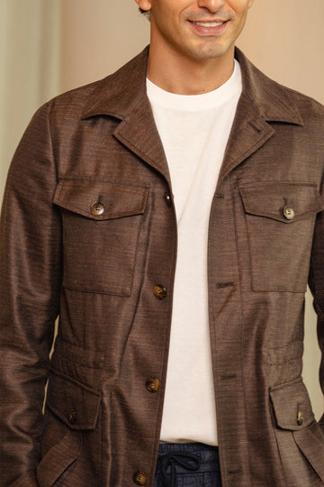 CANALI Chocolate Herringbone Safari Jacket