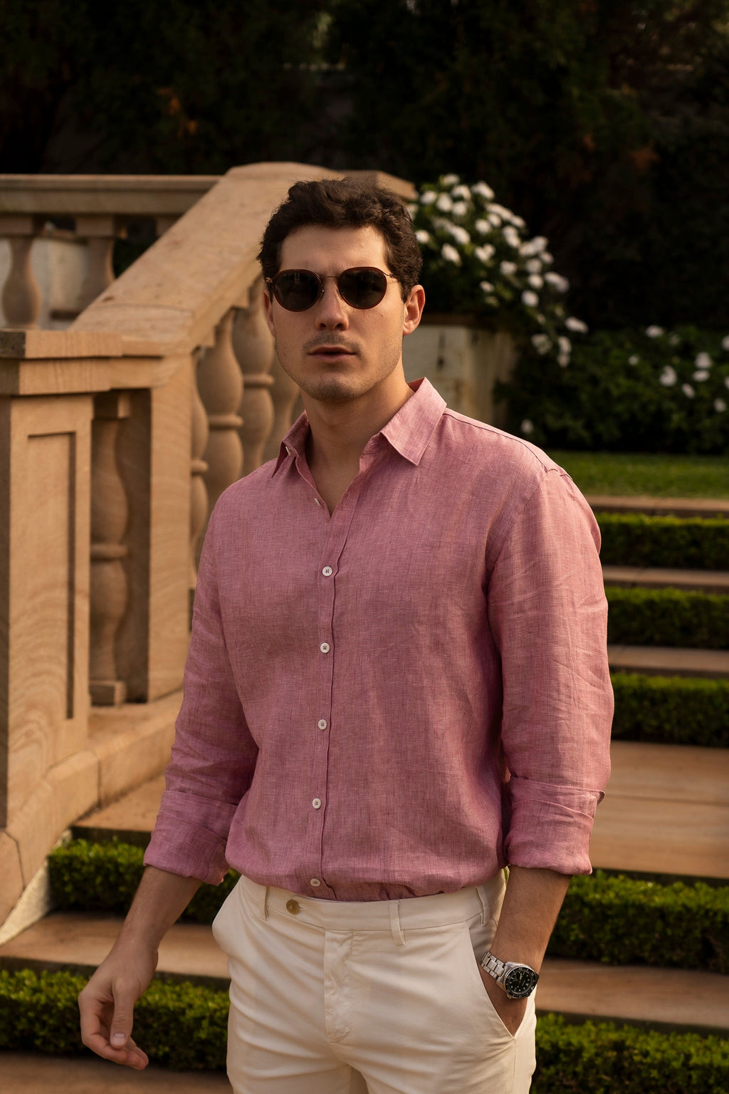 CANALI | Linen Shirt With Placket | Dark Pink