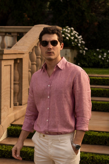 CANALI Dark Pink Linen Shirt With Placket