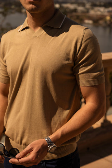 CANALI Camel V-Neck Polo With Trim