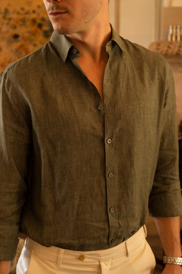 CANALI Forest Green Linen Shirt With Placket