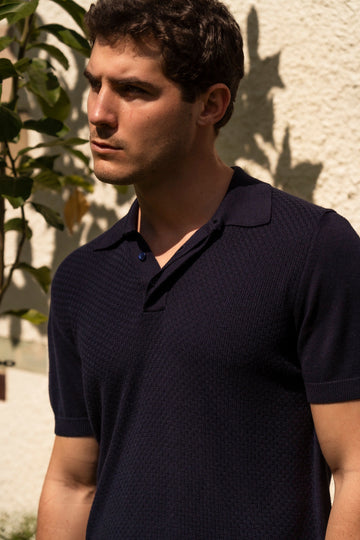 CANALI Navy Patterned Front Polo
