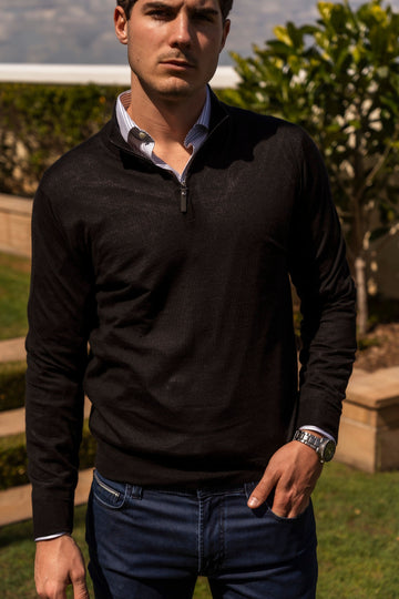 CANALI Black Zip Knit Polo