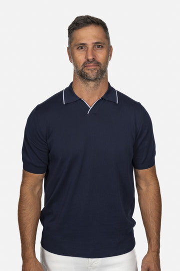 CANALI Navy V-Neck Knit Polo