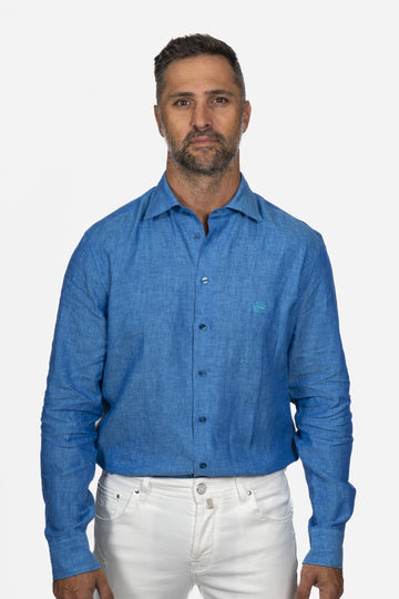 ETRO Mid-Blue Regular Fit Linen Shirt