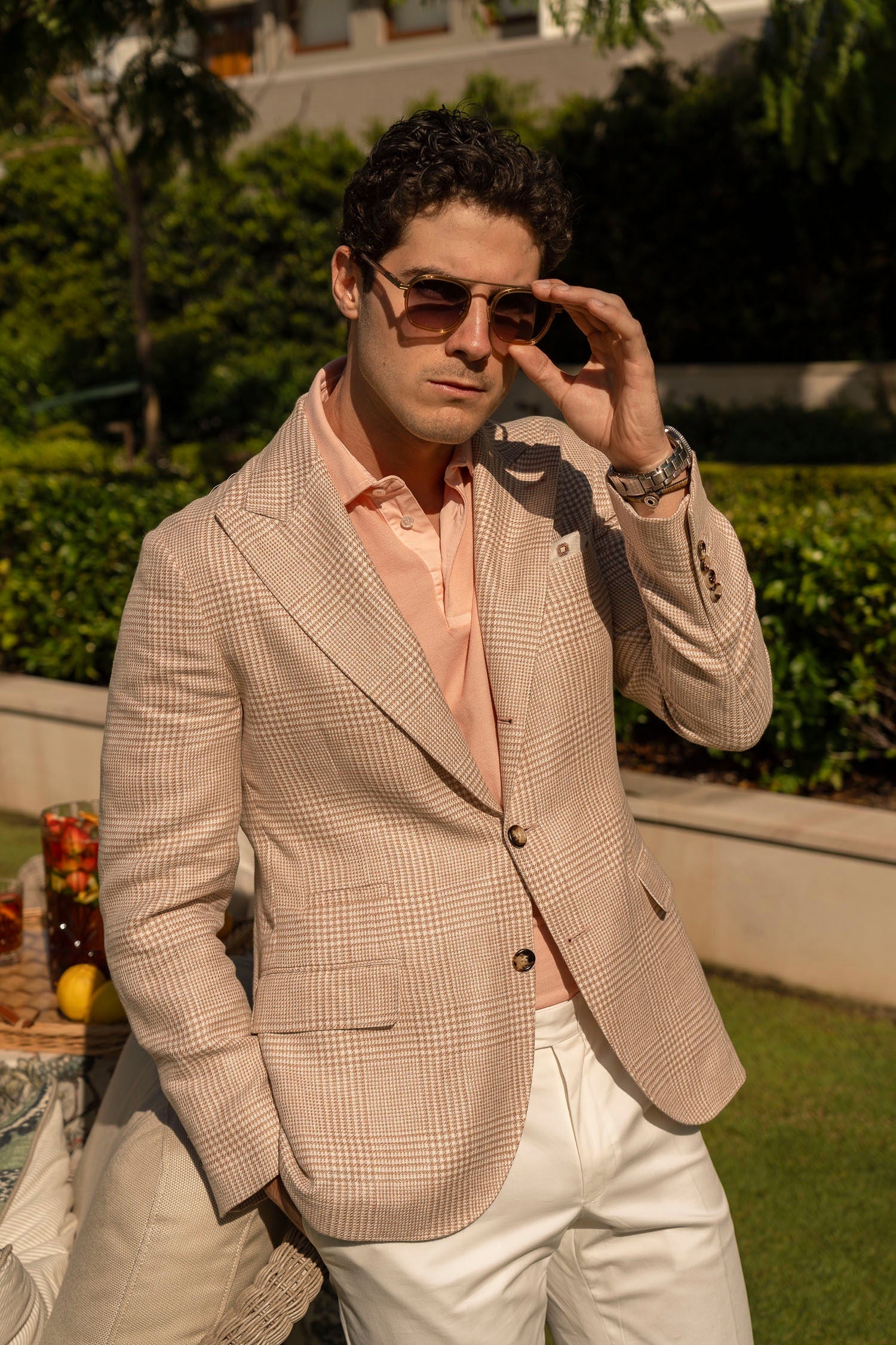 BRUNELLO CUCINELLI | Linen, Wool & Silk Prince Of Wales Jacket | Carrot