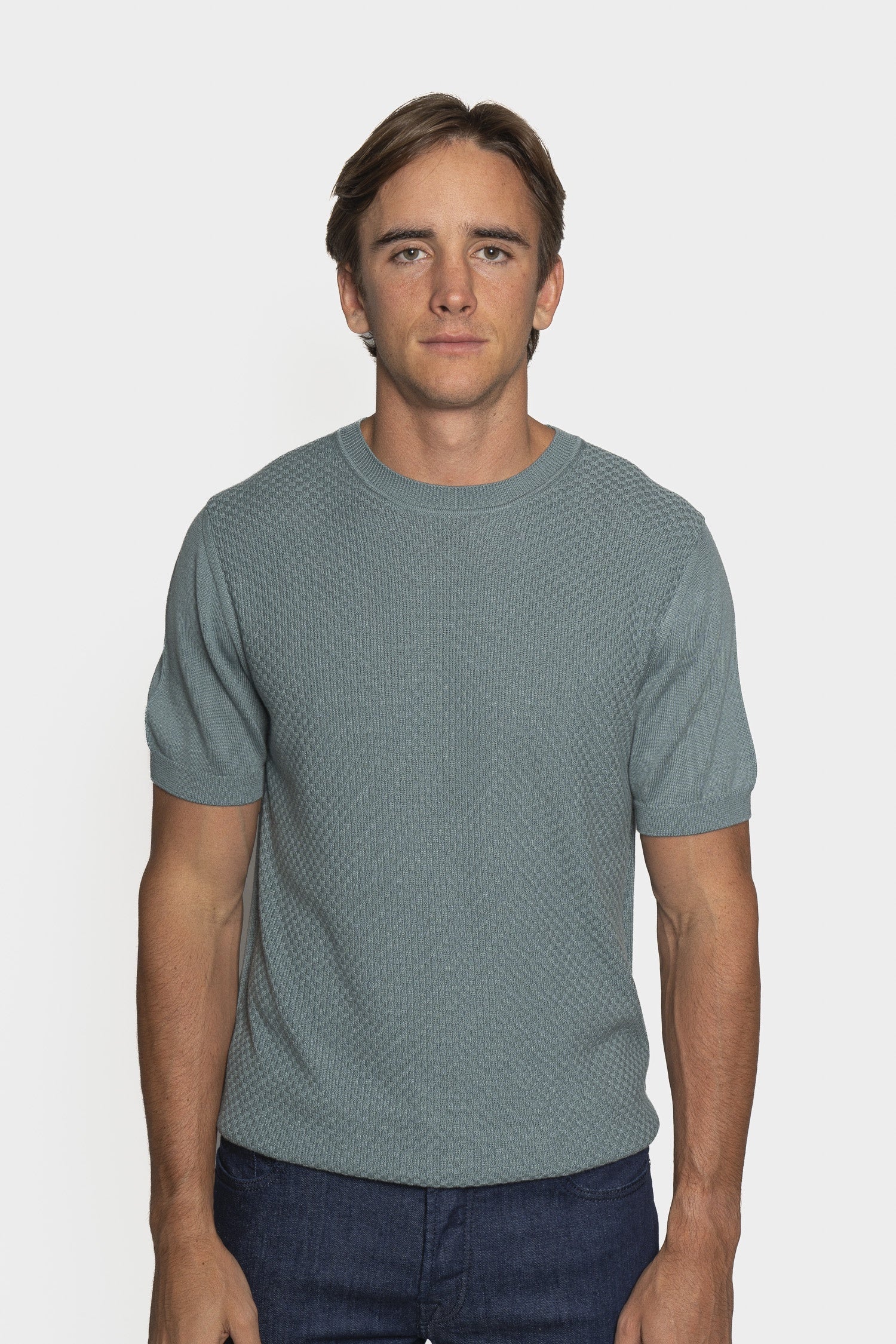 CANALI | Crew Neck Patterned Front Knit | Teal