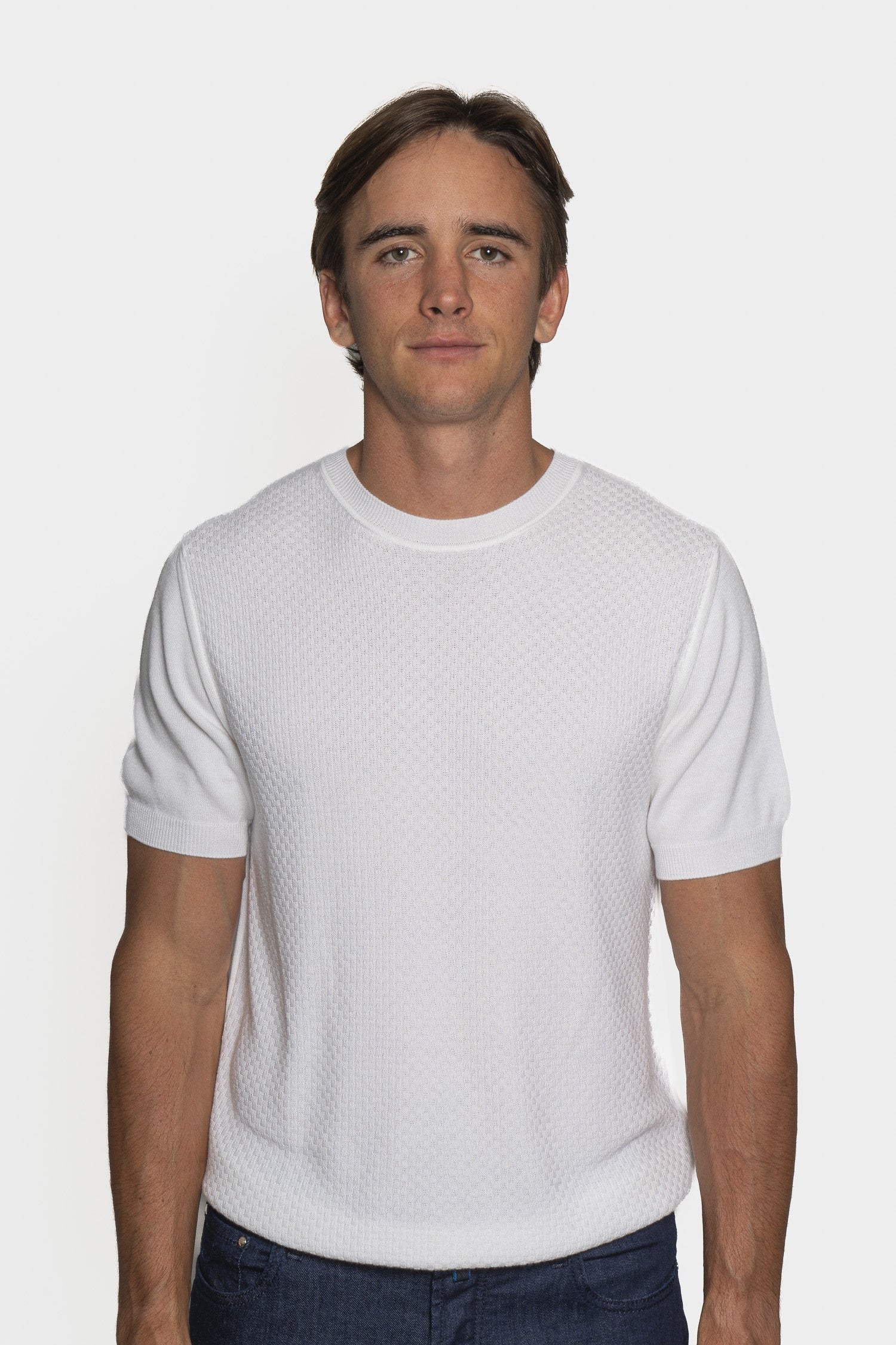 CANALI | Crew Neck Patterned Front Knit | White