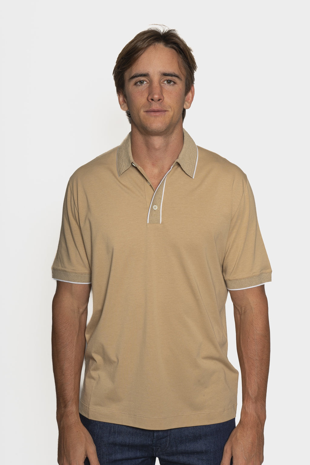 CANALI | 3-Button Knitted Polo Detail On Collar | Camel
