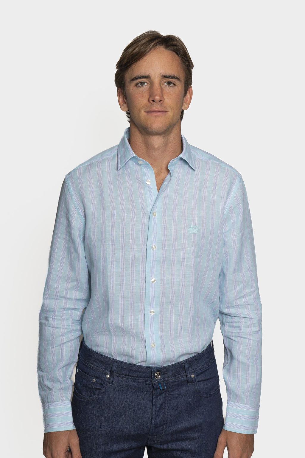ETRO | Striped Linen Shirt | Teal & Blue
