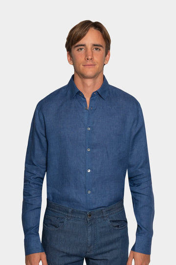 CANALI Dark Blue Linen Shirt With Placket