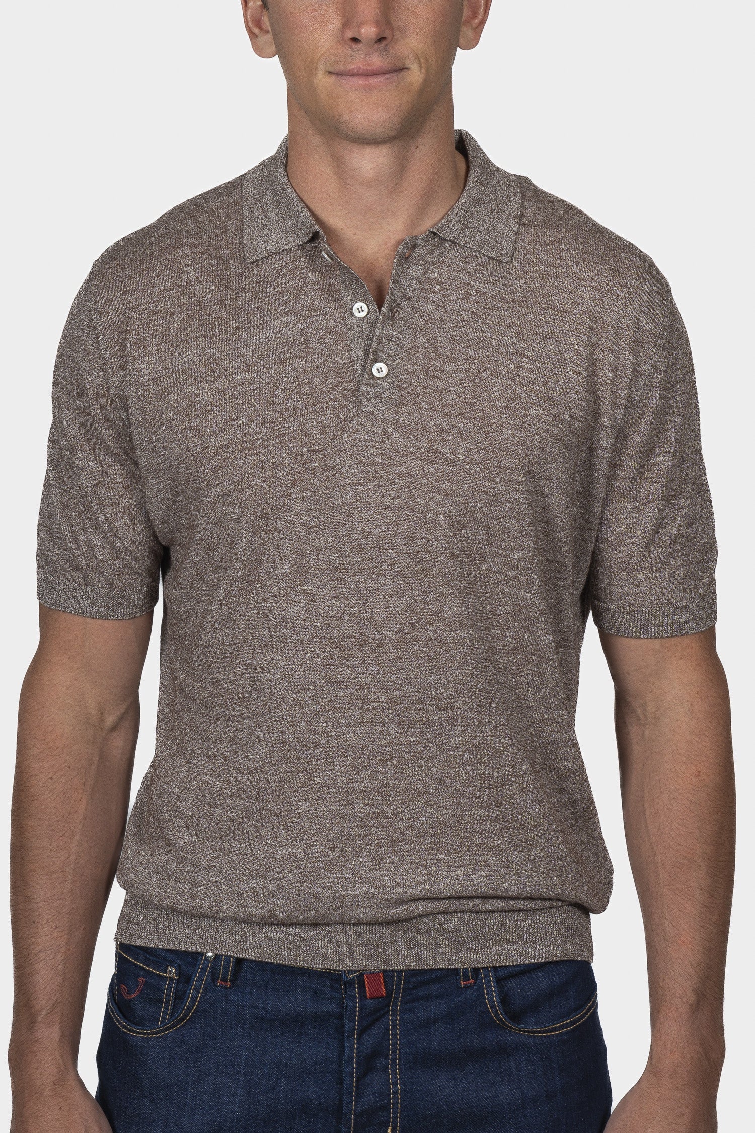 ALTEA | Buttoned Marle Knit Polo | Brown