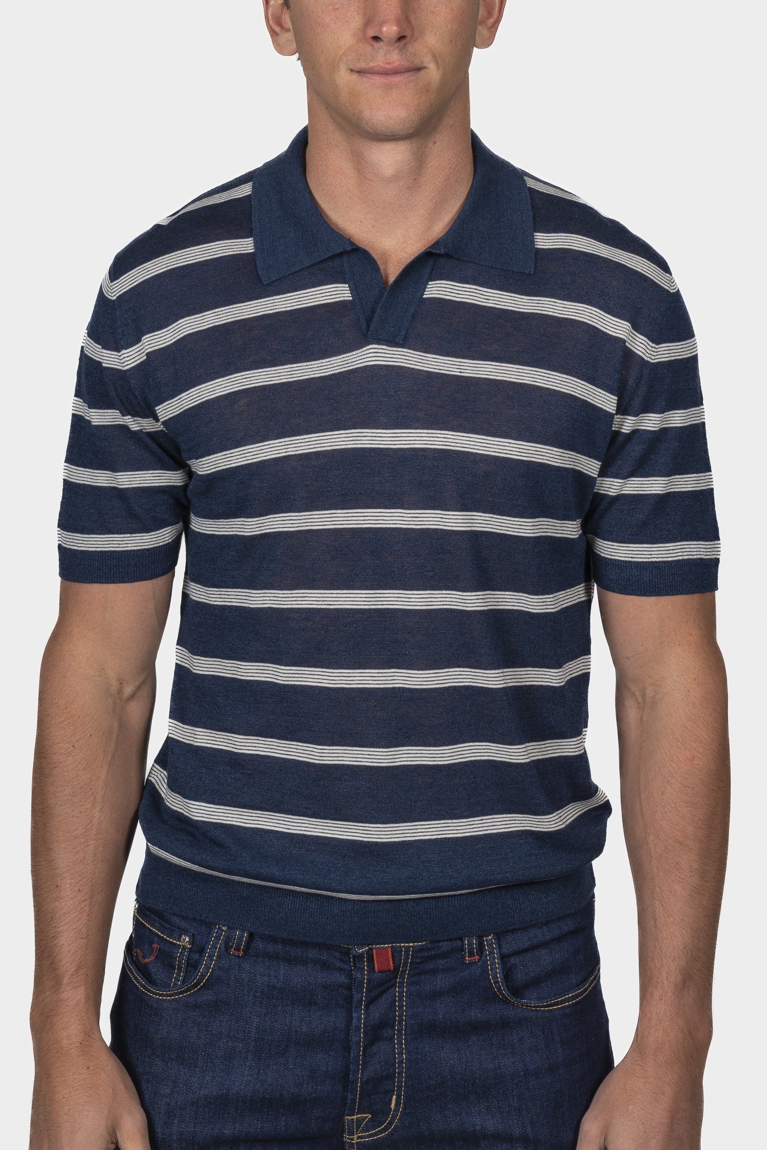 ALTEA | Knitted Stripe Polo | Navy