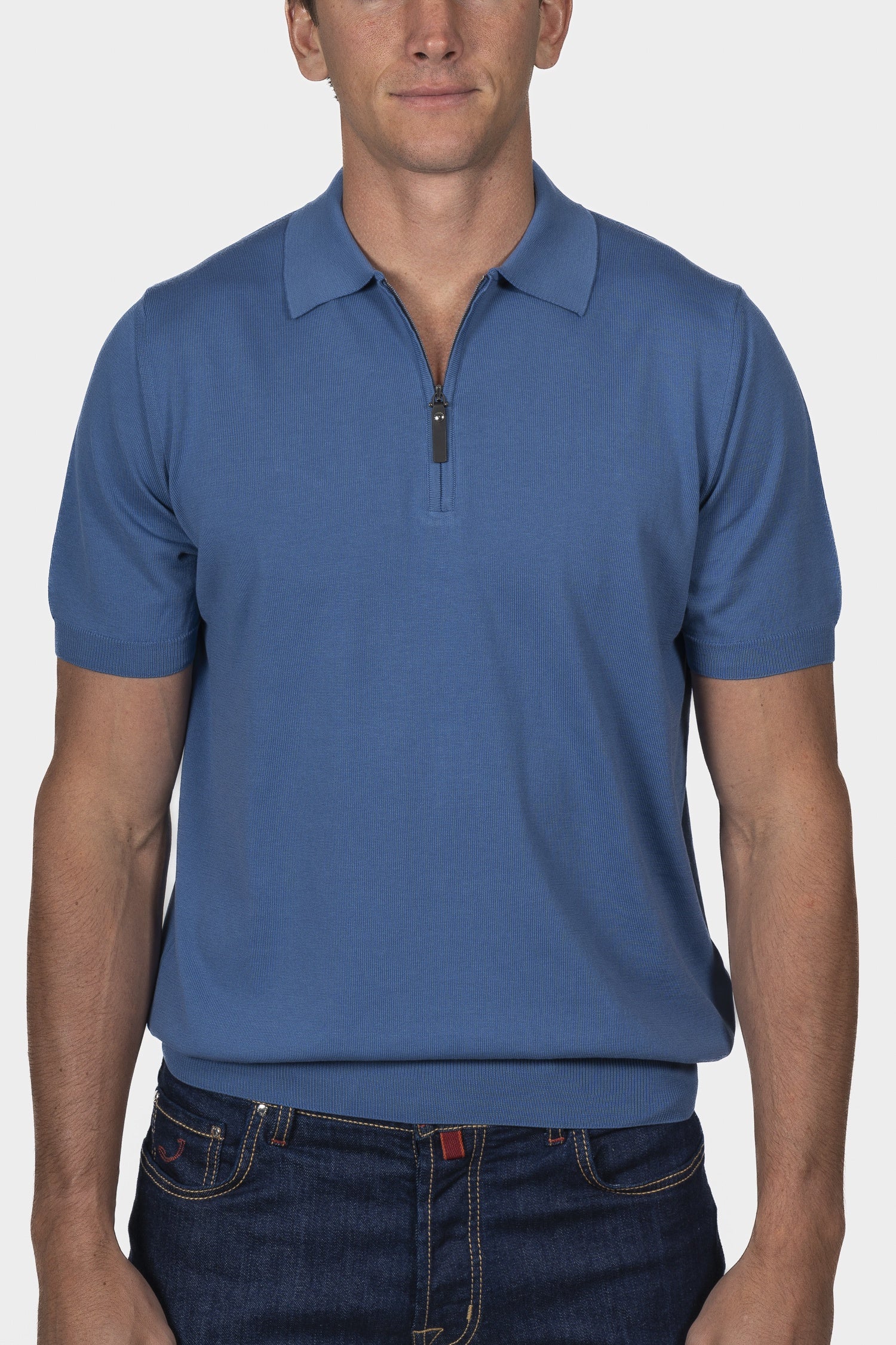 CANALI | Zip-Neck Knitted Polo | Sky Blue