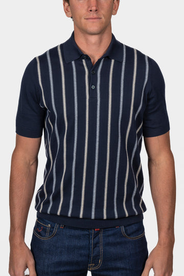 BRUNELLO CUCINELLI Navy & Cream Vertical Stripe Polo