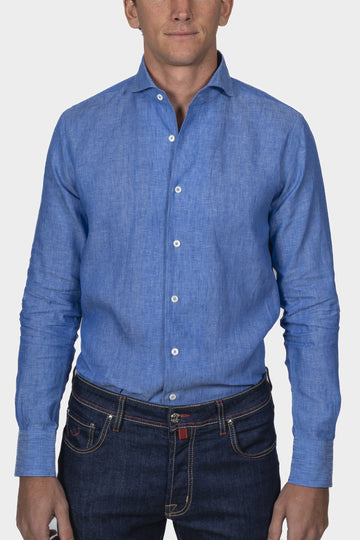 CANALI Mid-Blue Plain Linen Shirt