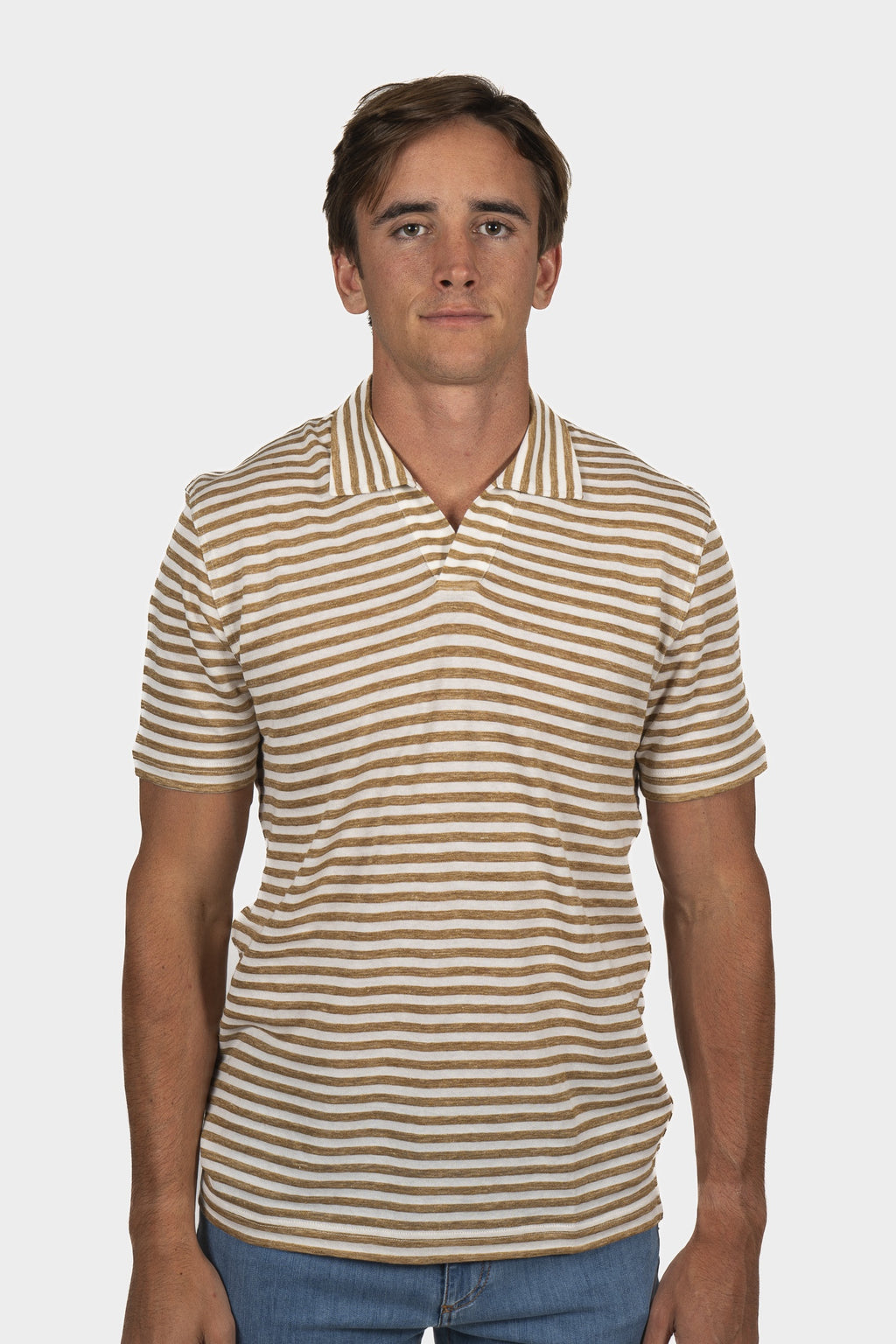 FEDELI | Striped Polo | Camel & White