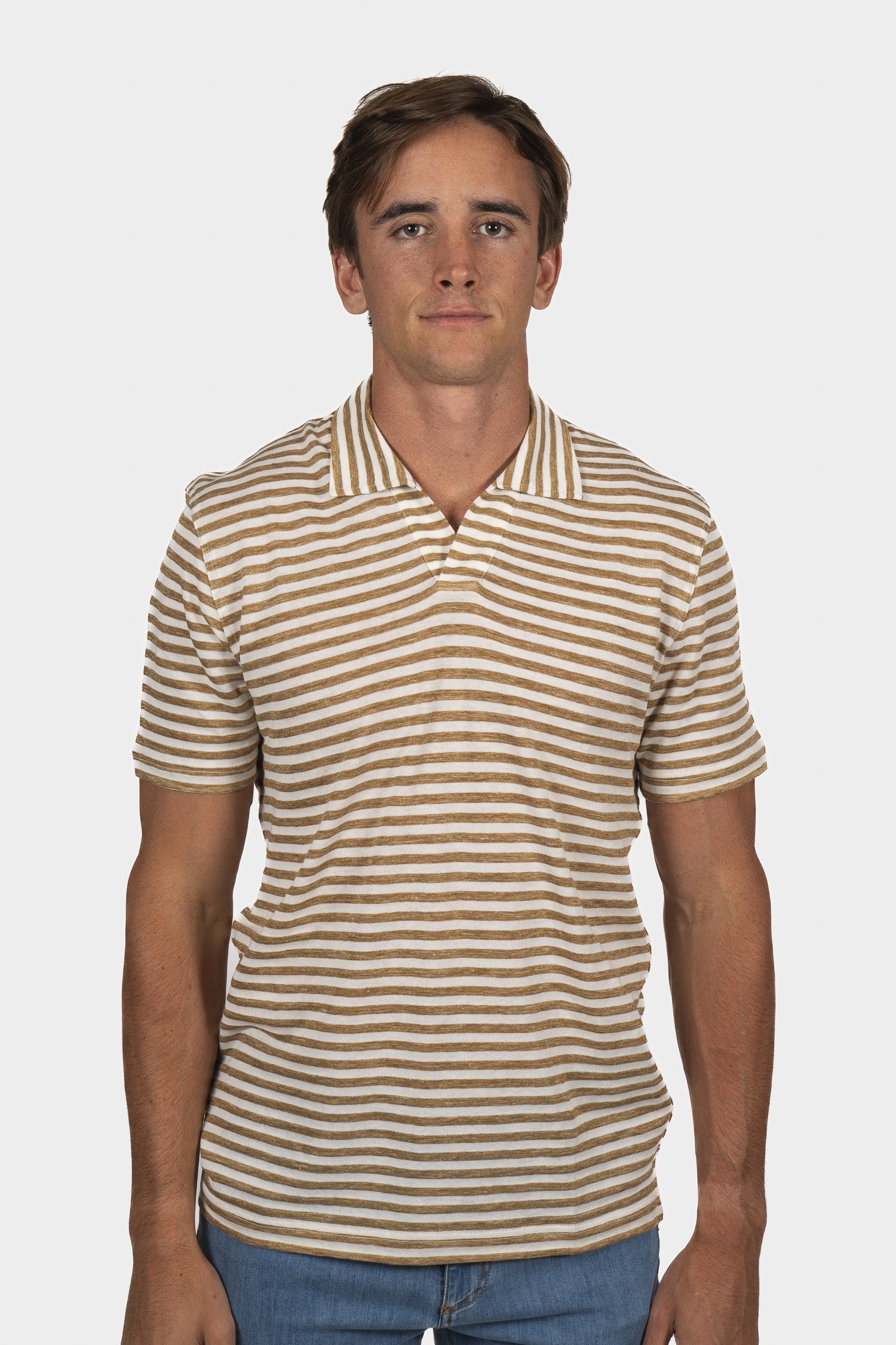 FEDELI | Striped Polo | Camel & White