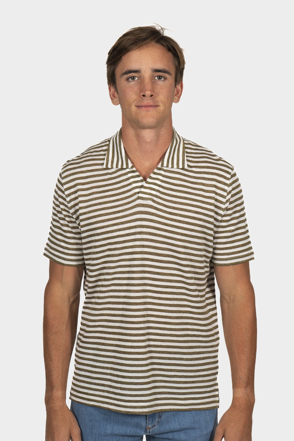 FEDELI | Striped Polo | Khaki & White