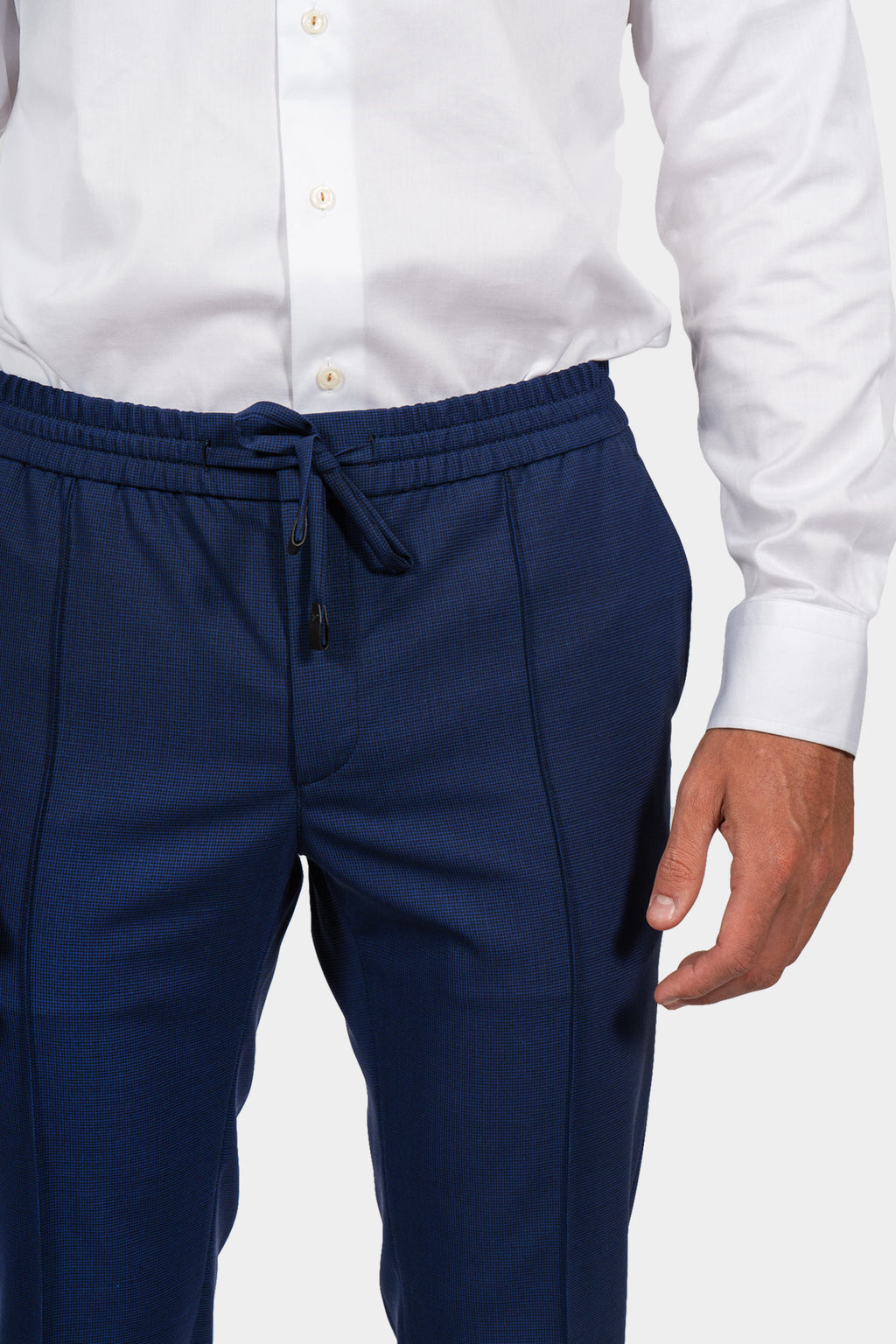 BRIONI | Fine Check Drawstring Trousers | Navy