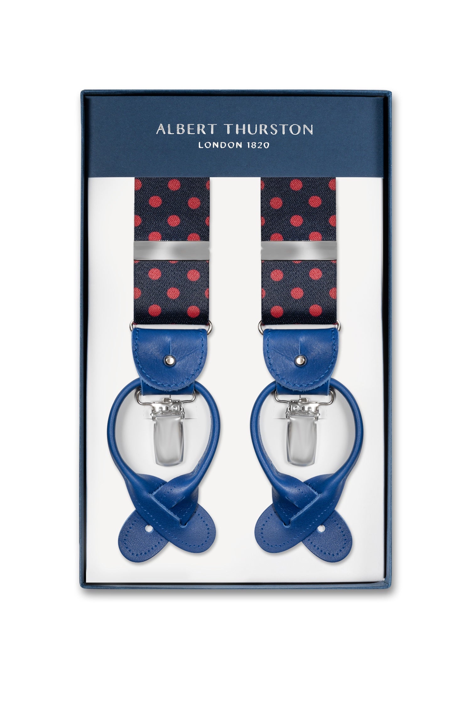 ALBERT THURSTON | Red Polka Dot 2-In-1 Braces | Navy