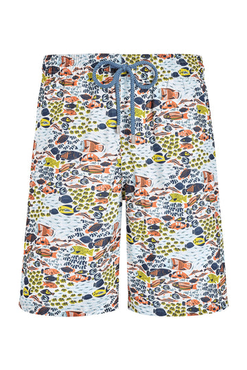 Vilebrequin Orange And Yellow Long Swim Shorts With Fish Family