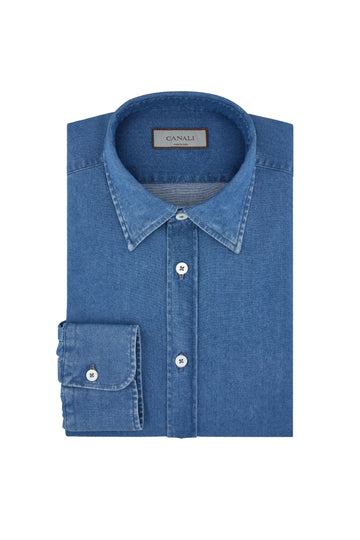 CANALI Mid-Blue Chambray Slim Collar Shirt