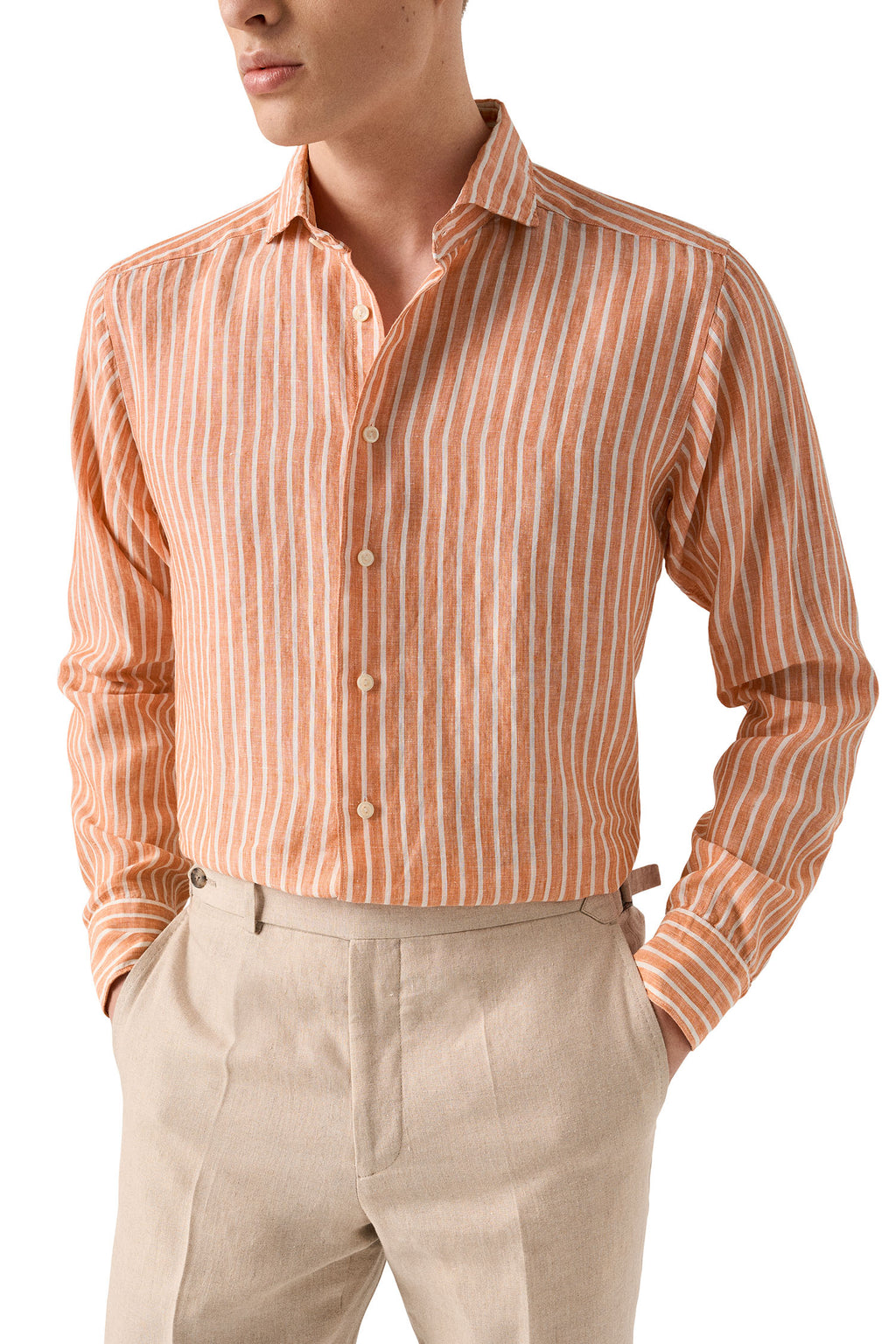 ETON | Striped Linen Shirt | Orange & White