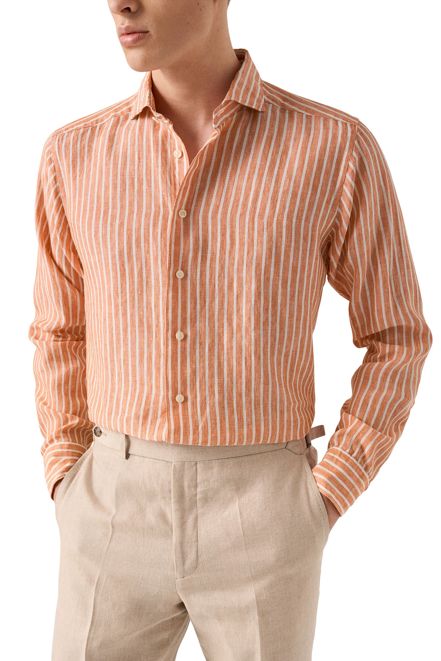ETON | Striped Linen Shirt | Orange & White