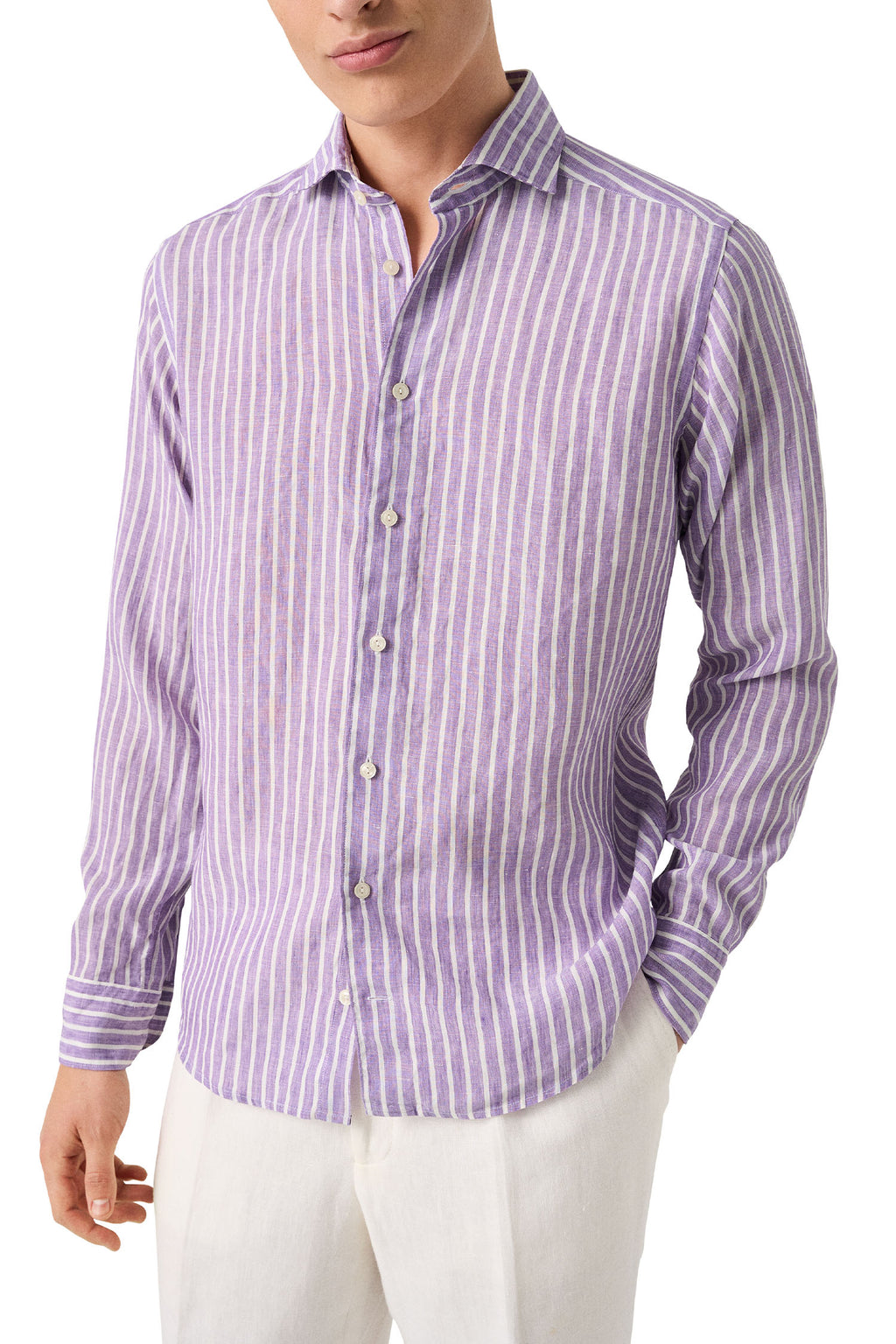 ETON | Striped Linen Shirt | Purple & White