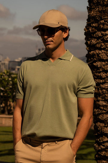 CANALI Pistachio V-Neck Polo With Trim