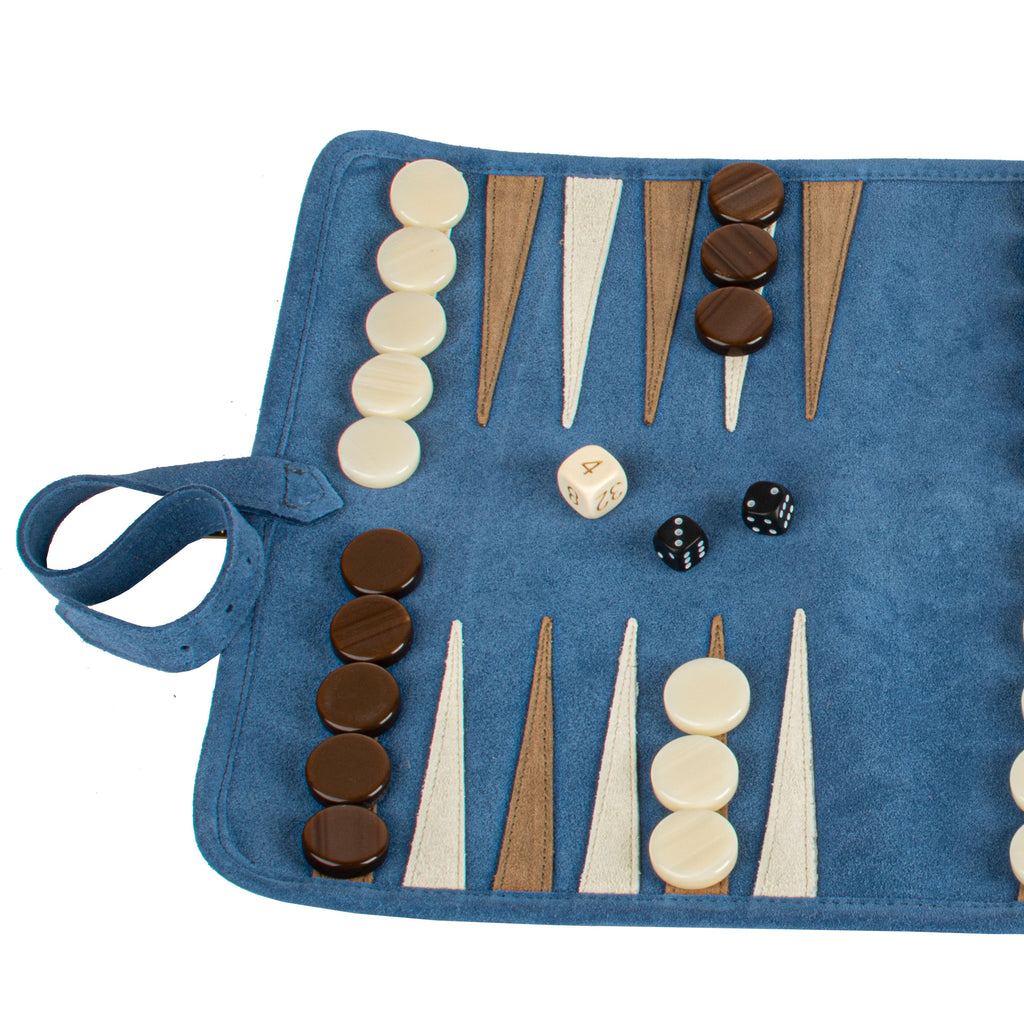 MANOPOULOS | Leather Travel Backgammon Set | Sky Blue
